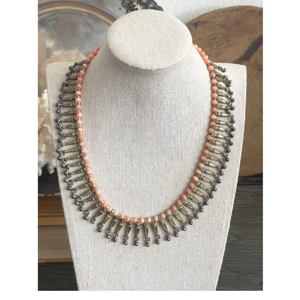 Vtg Pink Coral Bead Fringe Necklace 1/20 14K GF Clasp  Statement 16"